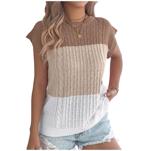 Posijego Women's Sweater Vest Tops Cable Knit Tank Top Crew Neck Breathable Tanks Sweater for Women