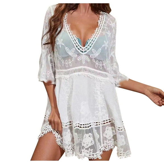 Posijego Women's Swimsuit Lace Cover Up V Neck Bikini Beach Dress Swim Bathing Suit Coverups Summer 2024