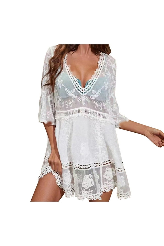 Women's Swimsuit Lace Cover Up V Neck Bikini Beach Dress Swim Bathing Suit Coverups Summer 2024