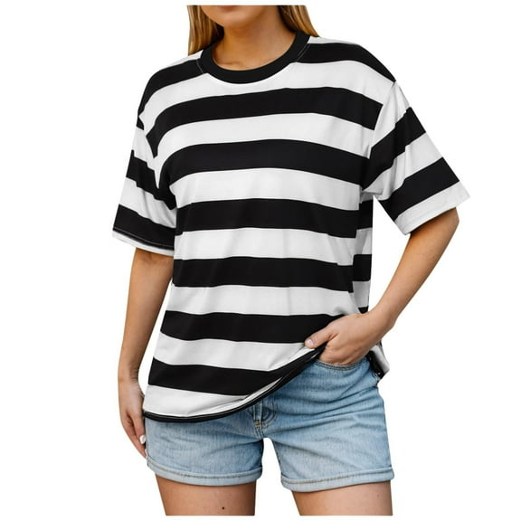 Posijego Women's T Shirts Striped Color Block Short Sleeve Tee Crew Neck Casual Summer Tops Fashion Clothes