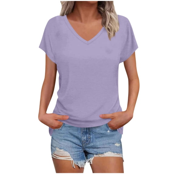 Posijego Women's Tops Summer V Neck Short Sleeve Plain Basic Tee Shirts Womens Casual Soft Comfort Vacation T-Shirt Clothes