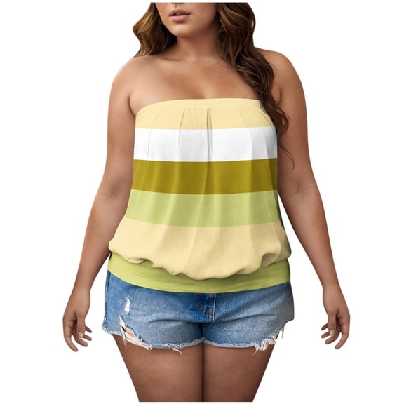 Posijego Women's Tube Tops Plus Size Going out Strapless Tank Top Striped Color Block Sleeveless Shirts