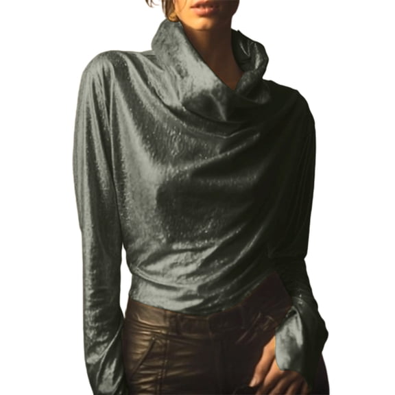 Posijego Women's Turtleneck Long Sleeve Tops Velvet Velour Casual Dressy Blouses Vintage Party Tunic Shirts for Ladies