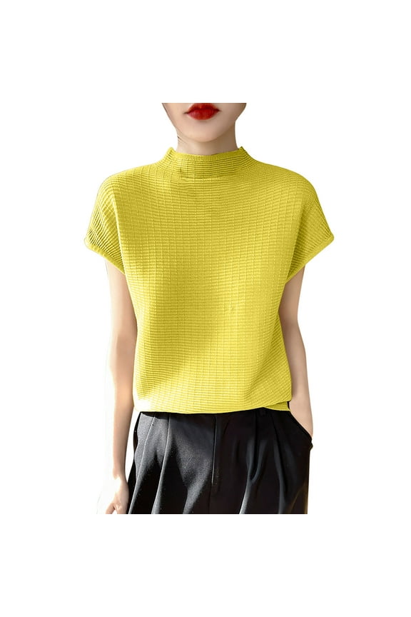 Women's Turtleneck Short Sleeve Tops Solid Color Knit Summer Sweater Lightweight Casual Blouses