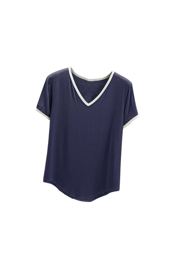 Women's V Neck Pajama Tops Soft Pj Short Sleeve Sleep Shirts Summer Casual Basic Tee for Ladies
