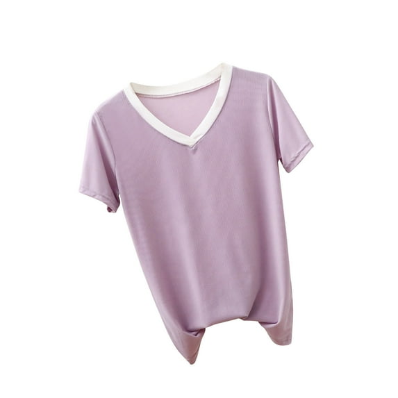 Posijego Women's V Neck Sleep Shirts for Women Pajamas Tops Summer Casual Short Sleeve Basic Tee Shirts