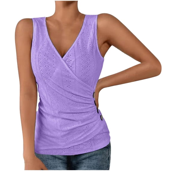 Posijego Women's V Neck Tank Top Sleeveless Wrap Ruched Shirts Fashion Elegant Dressy Blouses Plus Size