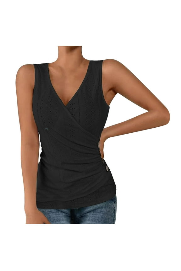 Women's V Neck Tank Top Sleeveless Wrap Ruched Shirts Fashion Elegant Dressy Blouses Plus Size