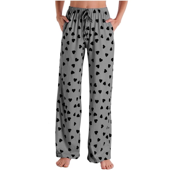 Posijego Women's Valentines Day Pajama Pants Wide Leg Elastic High Waist Heart Printed Lounge Pants with Pockets