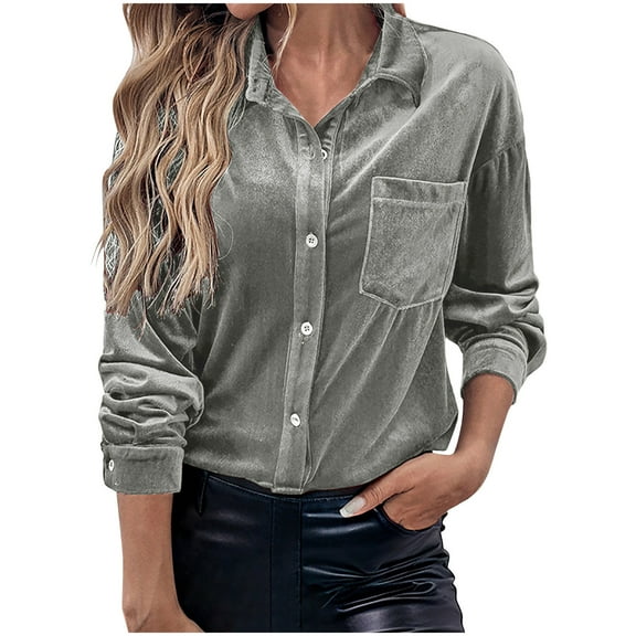 Posijego Women's Velvet Button down Shirts Lapel Long Sleeve Velour Shirt Vintage Tops Ladies Clothes