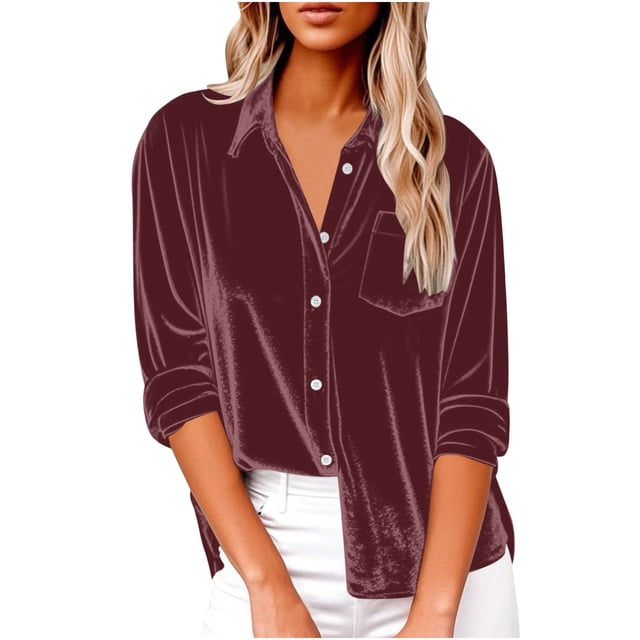Posijego Women's Velvet Button down Shirts Vintage Velour Tops Long Sleeve Spring Shirts Womens Clothes