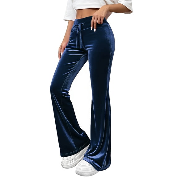 Posijego Women's Velvet Flare Pants Stretch High Waist Drawstring Bell Bottom Pants Vintage Casual Pants for Ladies