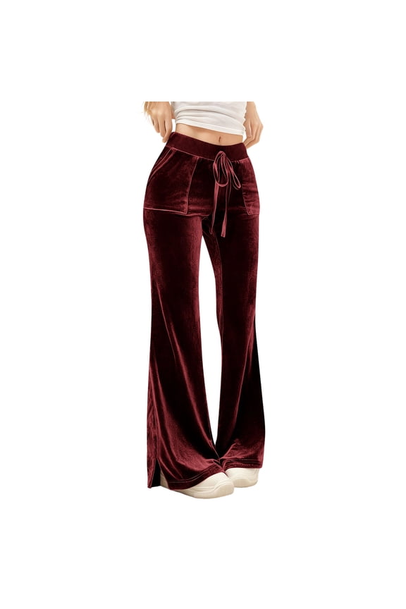 Women's Velvet Flare Pants Velour Wide Leg High Waist Stretch Casual Vintage Pants with Pockets