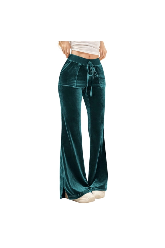 Women's Velvet Flare Pants Velour Wide Leg High Waist Stretch Casual Vintage Pants with Pockets