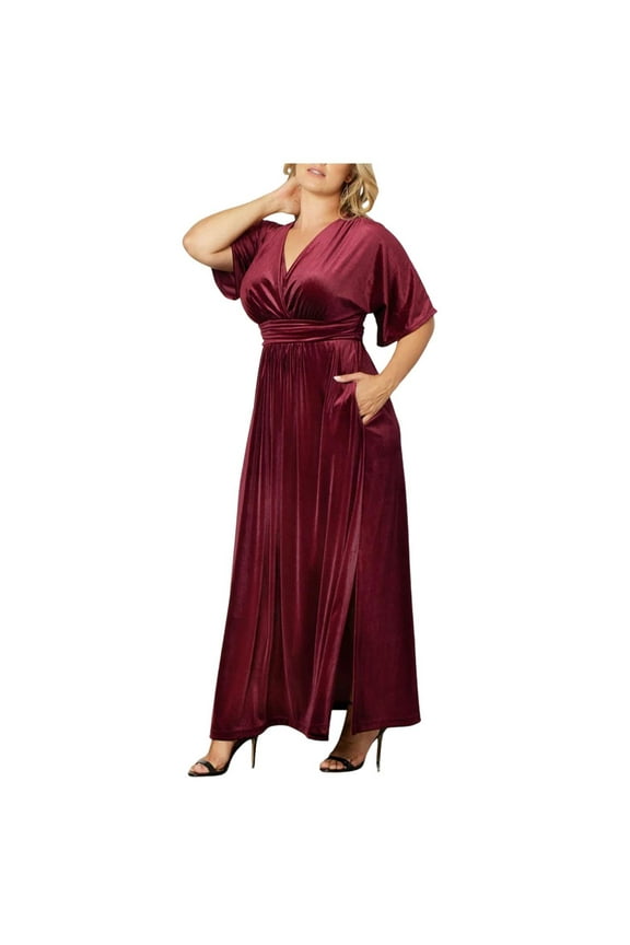 Women's Velvet Maxi Dresses V Neck Short Sleeve Elegant Cocktail Dress Plus Size Party Dresses