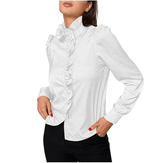 Posijego Women's Work Button down Shirts Ruffle Trim Long Sleeve Dressy Casual Blouses Business Office Shirts