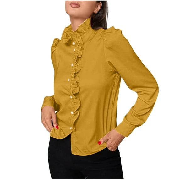 Posijego Women's Work Button down Shirts Ruffle Trim Long Sleeve Dressy Casual Blouses Business Office Shirts