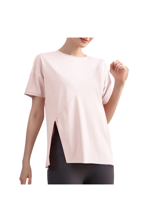 Women's Workout Tops Crew Neck Short Sleeve Athletic Shirts Side Split Yoga Gym T-Shirts for Women