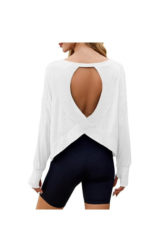 Women's Workout Tops Open Back Athletic Tee Long Sleeve Shirts Yoga Activewear with Thumb Hole