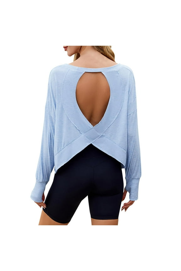 Women's Workout Tops Open Back Athletic Tee Long Sleeve Shirts Yoga Activewear with Thumb Hole