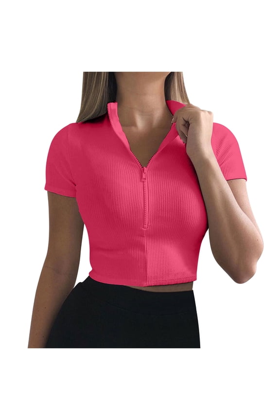 Women's Workout Yoga Tops Summer Ribbed Short Sleeve Tight Crop Top Half Zip Athletic T-Shirts