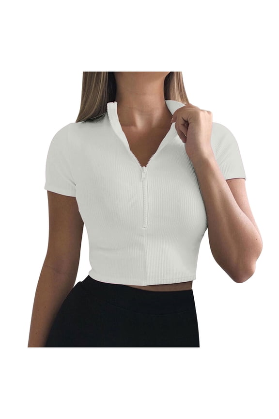 Women's Workout Yoga Tops Summer Ribbed Short Sleeve Tight Crop Top Half Zip Athletic T-Shirts