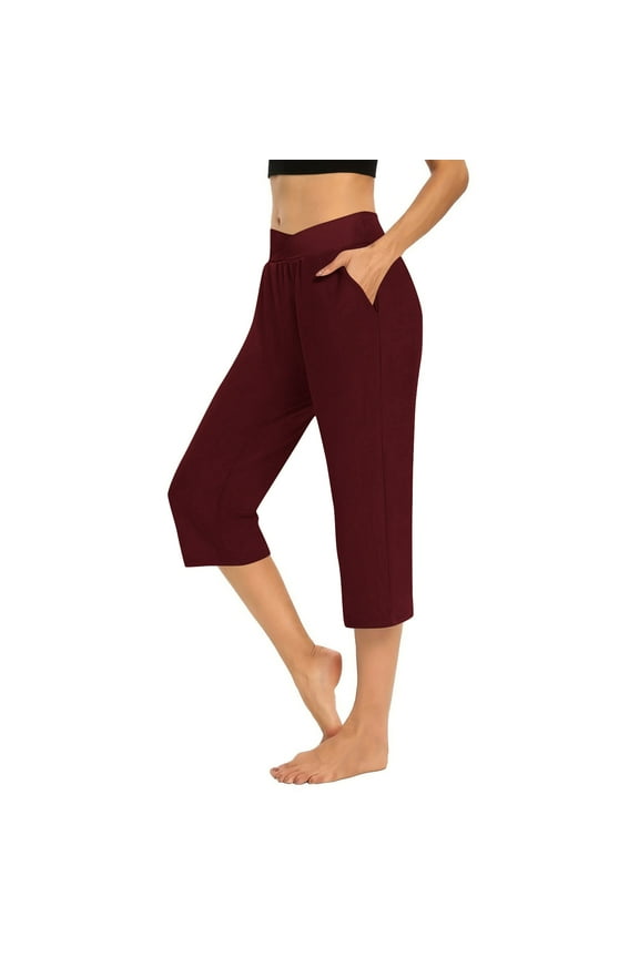 Women's Yoga Capri Pants Crossover High Waist Workout Cropped Pants with Pockets Activewear