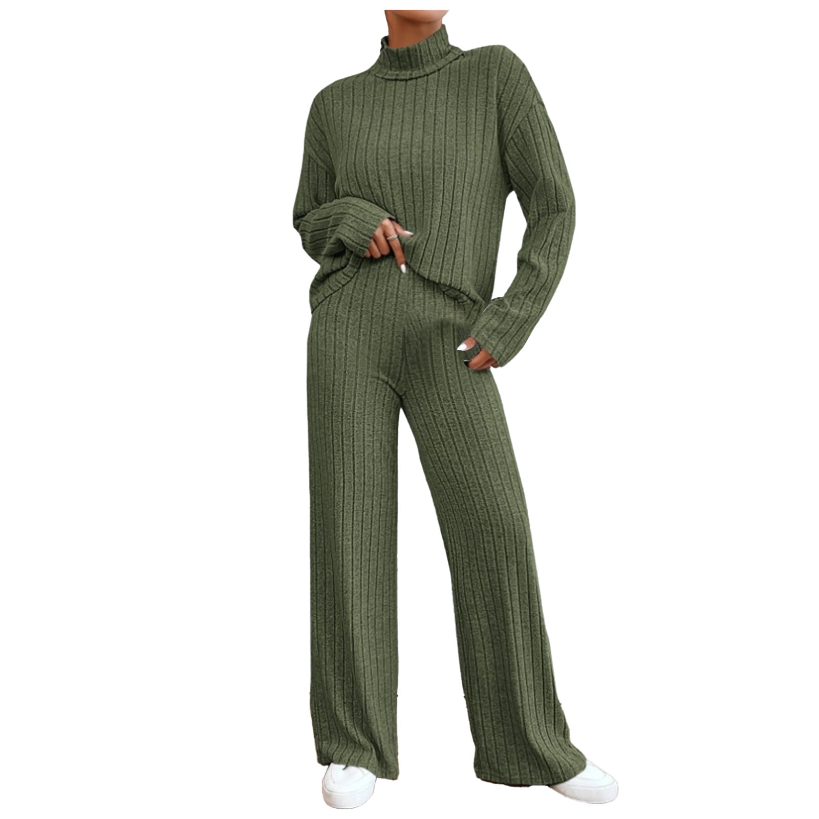 Womens 2 Piece Outfits Sweater Lounge Set V Neck Knit Top Wide Leg Pants  Sets Sweatsuit Lime Green S