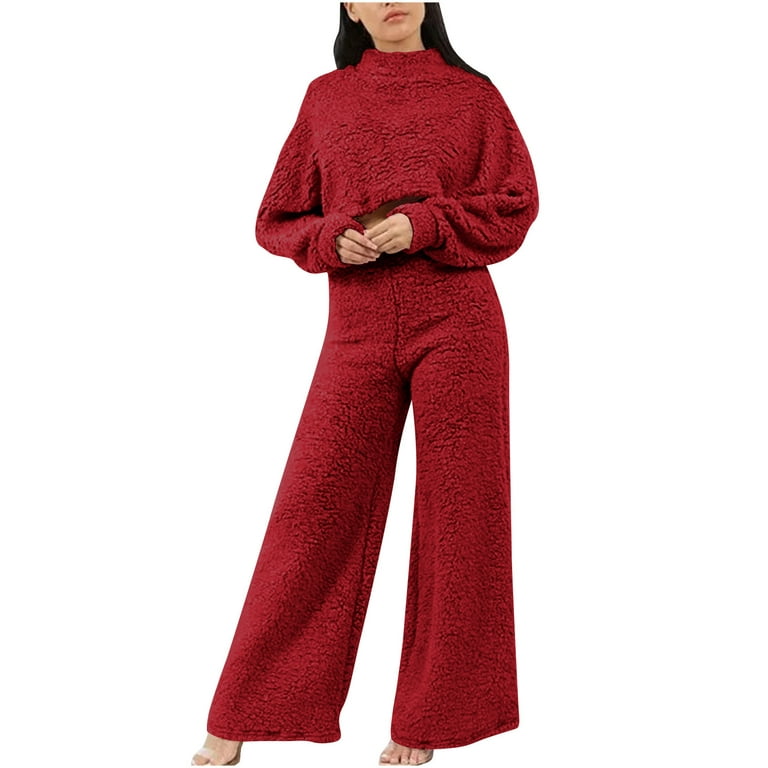 Posijego Womens 2 Piece Outfit Lounge Set Fleece Fuzzy Long Sleeve Pullover  Top Wide Leg Pants Sweatsuit 