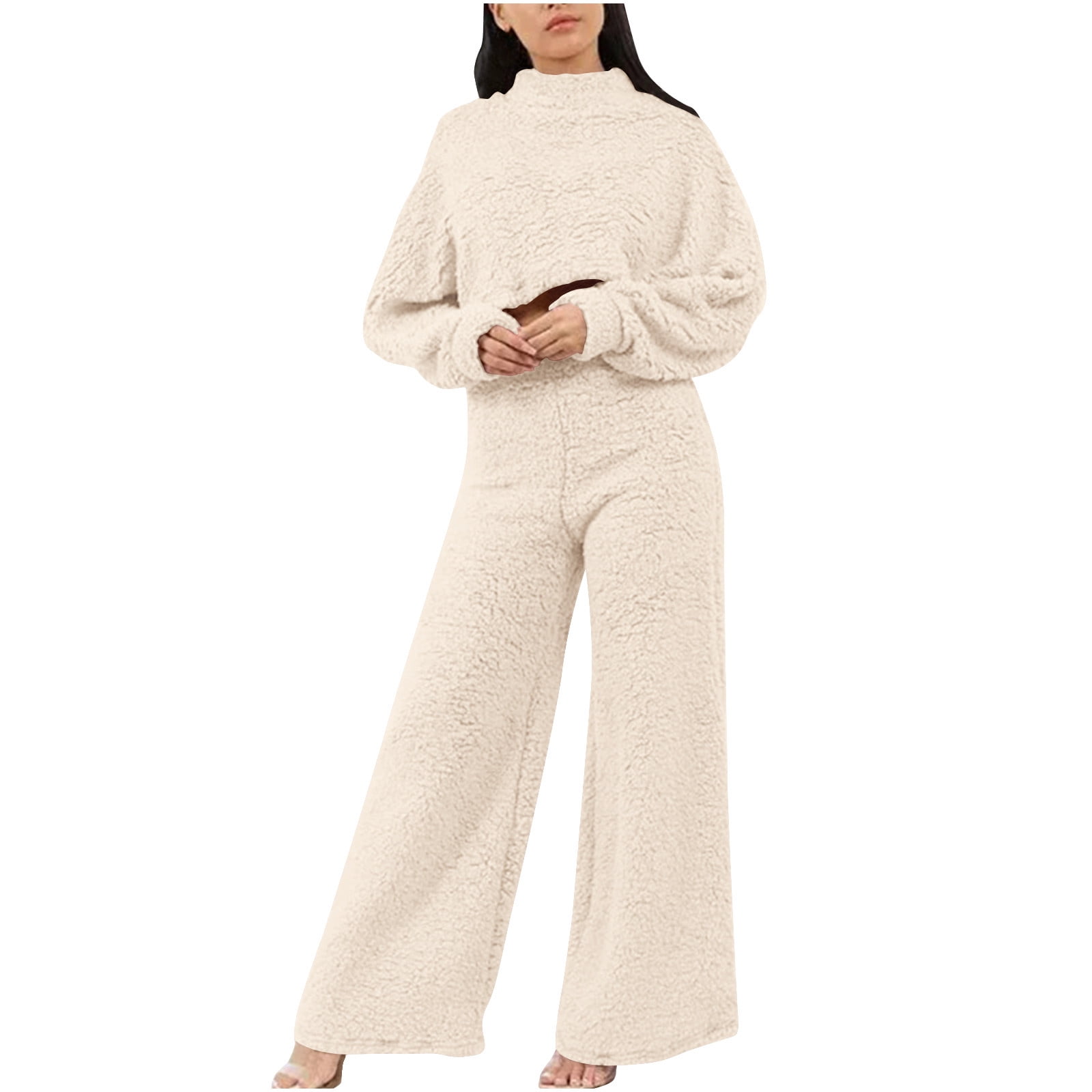 Posijego Womens 2 Piece Outfit Lounge Set Fleece Fuzzy Long Sleeve Pullover Top Wide Leg Pants Sweatsuit Walmart
