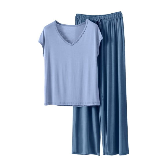 Posijego Womens 2 Piece Outfits Pajama Set Casual V Neck Sleepwear Elastic Waist Pants Matching Loungewear Outfits