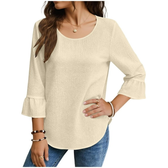 Posijego Womens 3/4 Length Flare Sleeve Shirts Spring Tunic Tops Crewneck Loose Casual Dressy Blouses Summer Clothes