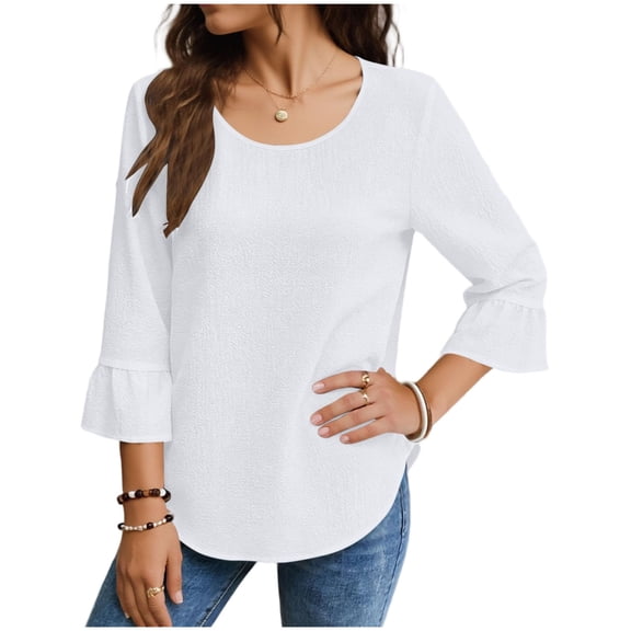 Posijego Womens 3/4 Length Flare Sleeve Shirts Spring Tunic Tops Crewneck Loose Casual Dressy Blouses Summer Clothes