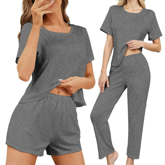 Posijego Womens 3 Piece Pajama Sets Short Sleeve Tops Shorts Matching Pants Sleepwear Loungewear Outfits