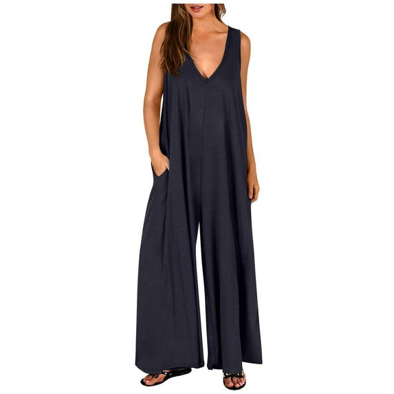 Posijego Womens Baggy Jumpsuits Casual Sleeveless Wide Leg Romper with Pockets Soft One-Piece Summer Outfit