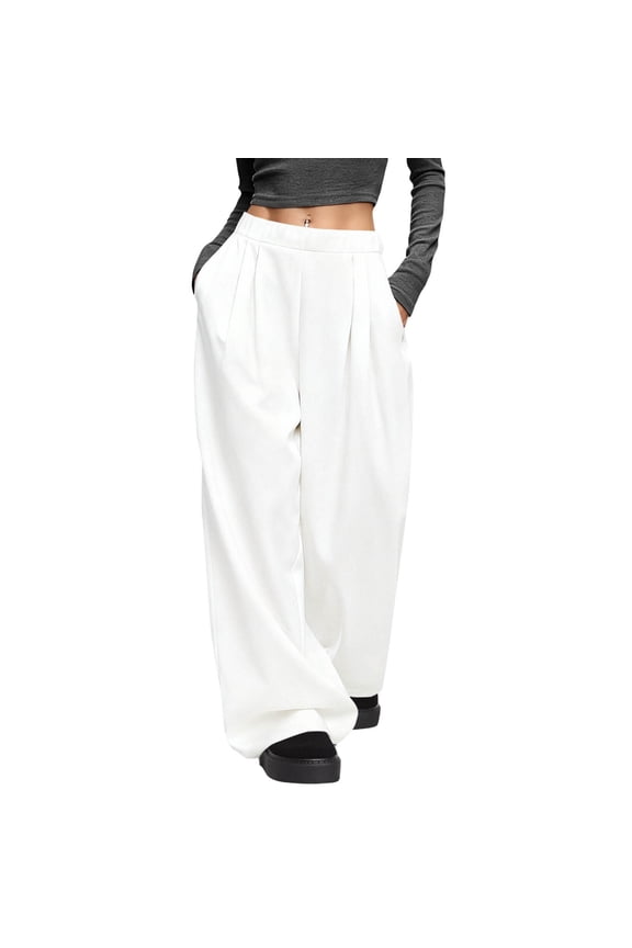 Womens Baggy Wide Leg Pants High Waisted Pull on Pleated Loose Casual Work Dress Trousers with Pockets