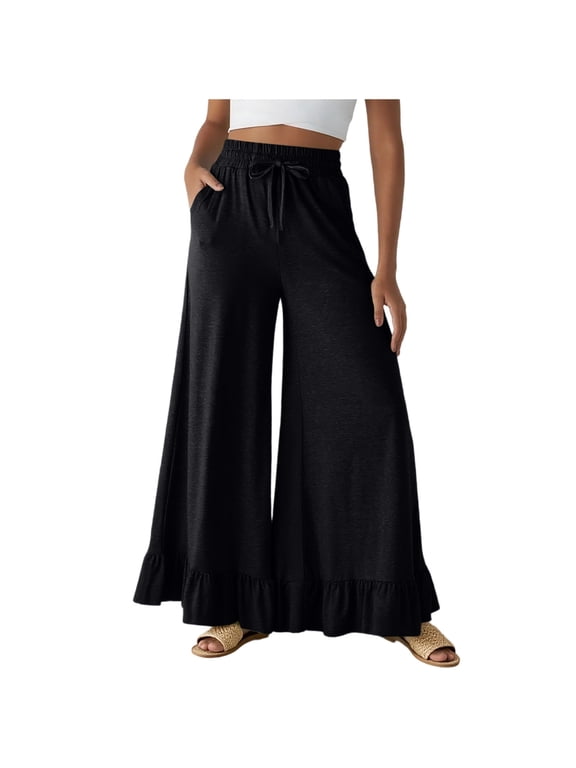 Womens Boho Wide Leg Pants Ruffle Hem Flowy Pants High Waist Palazzo Trouser Pants for Women