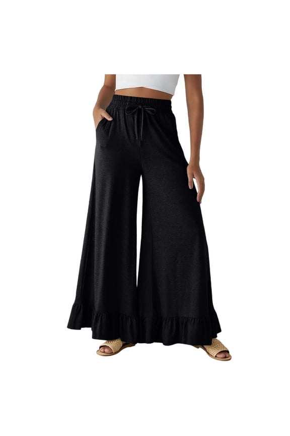 Womens Boho Wide Leg Pants Ruffle Hem Flowy Pants High Waist Palazzo Trouser Pants for Women