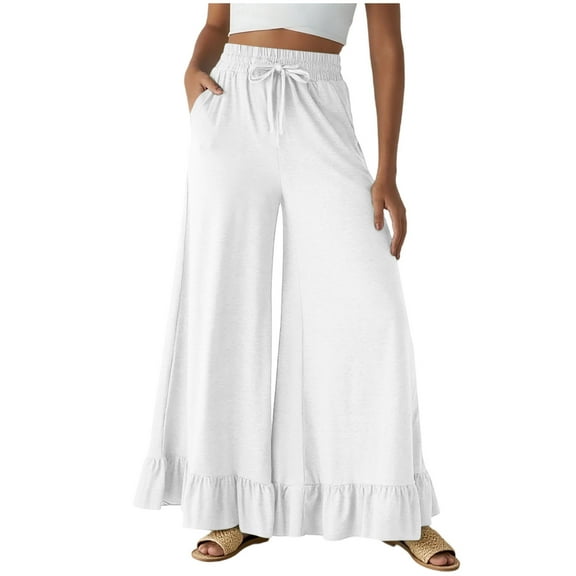 Posijego Womens Boho Wide Leg Pants Ruffle Hem Flowy Pants High Waist Palazzo Trouser Pants for Women