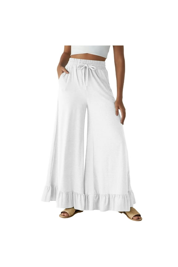 Womens Boho Wide Leg Pants Ruffle Hem Flowy Pants High Waist Palazzo Trouser Pants for Women