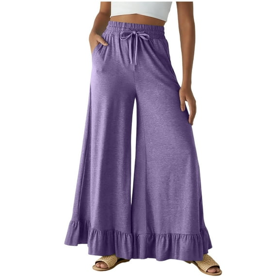 Posijego Womens Boho Wide Leg Pants Ruffle Hem Flowy Pants High Waist Palazzo Trouser Pants for Women