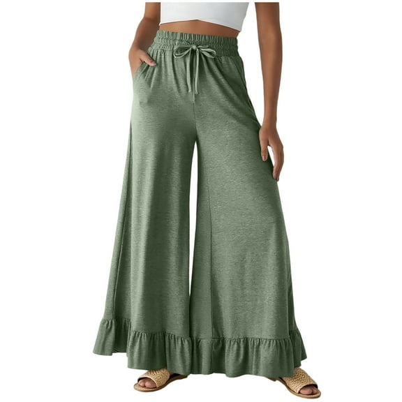 Posijego Womens Boho Wide Leg Pants Ruffle Hem Flowy Pants High Waist Palazzo Trouser Pants for Women