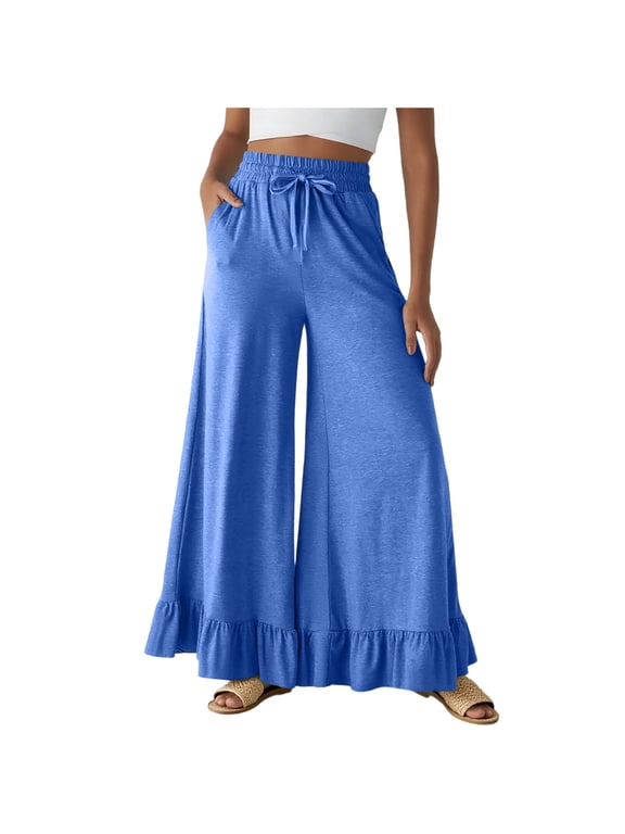 Womens Boho Wide Leg Pants Ruffle Hem Flowy Pants High Waist Palazzo Trouser Pants for Women