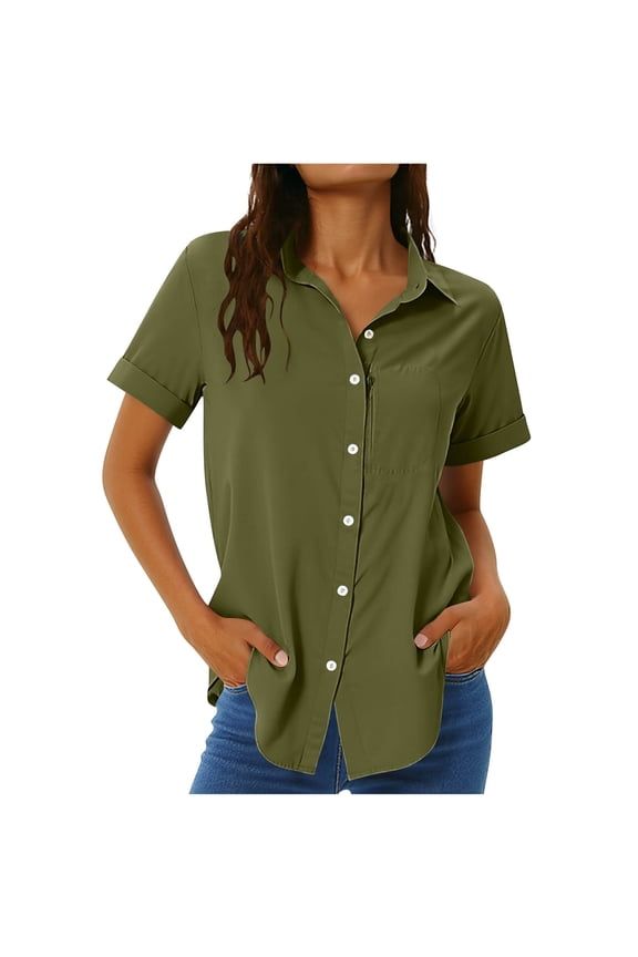 Womens Business Button down Shirts Casual Summer Short Sleeve Work Shirts Beach Vacation Sun Protection Tops