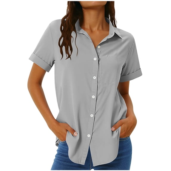 Posijego Womens Business Button down Shirts Casual Summer Short Sleeve Work Shirts Beach Vacation Sun Protection Tops