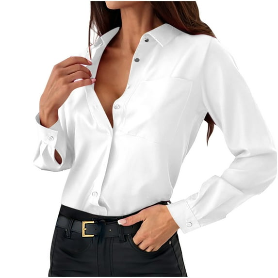 Posijego Womens Button Down Shirts Casual Long Sleeve Dress Shirt Solid Color Office Work Tops Blouses