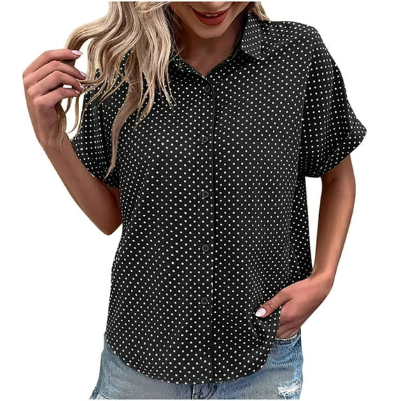 Posijego Womens Button down Shirt Polka Dot Short Sleeve Casual Shirts Business Work Blouses for Women