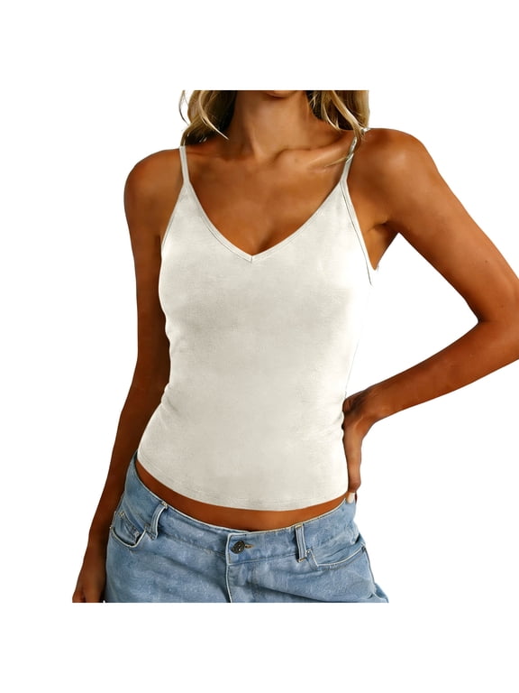 Womens Camisole with Built in Bras Spaghetti Straps V Neck Basic Undershirts Women's Camis Tank Clothes