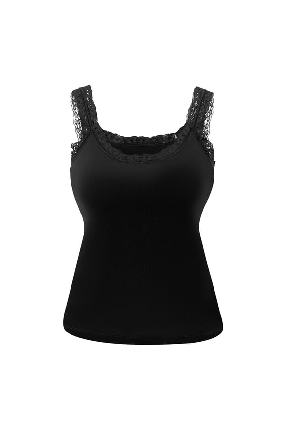 Womens Camisoles Lace Trim Tank Tops with Built-In Bra Pads Spaghetti Straps Slim Basic Undershirts