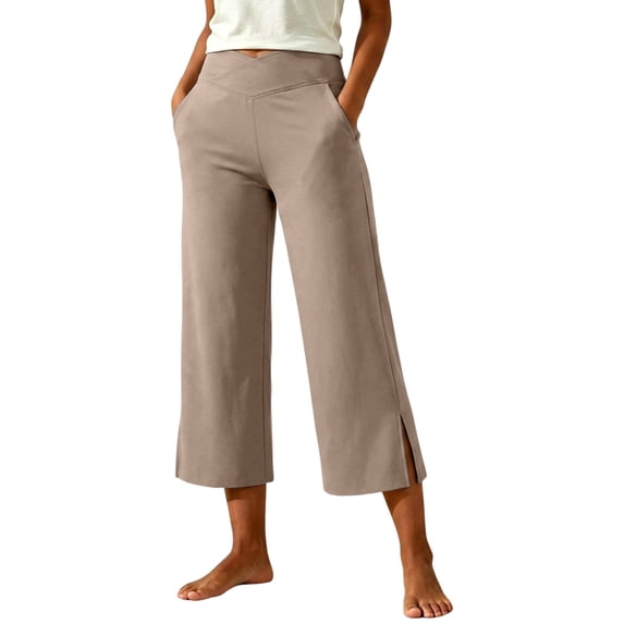 Posijego Womens Capri Yoga Pants Side Slit High Waisted Wide Leg Athletic Running Pants Work Dress Cropped Pants with Pockets